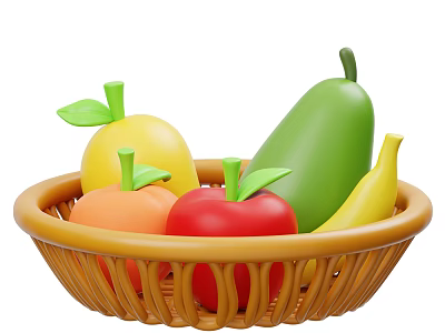 Fresh Assorted Fruits in Woven Basket Including Apple Orange Banana Mango and Pear 3d model