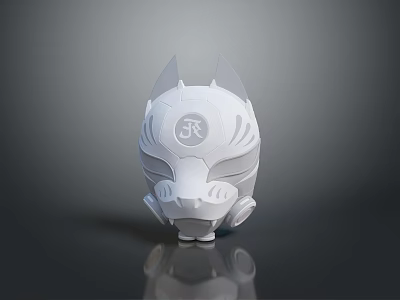 White Weapon Helmet With Pointed Ears Patterned Surface Circular Emblem On Black Reflective Surface 3d model