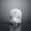 White Weapon Helmet With Pointed Ears Patterned Surface Circular Emblem On Black Reflective Surface
