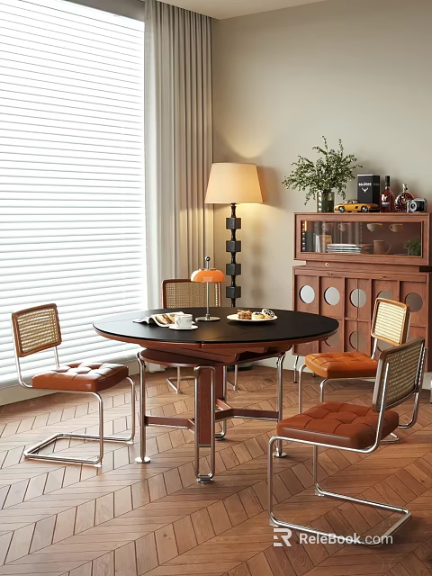 Warm Restaurant Interior With Round Table Leather Chairs Floor Lamp And Wooden Cabinet 3d model 