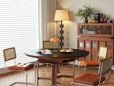 Warm Restaurant Interior With Round Table Leather Chairs Floor Lamp And Wooden Cabinet 3d model