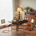 Warm Restaurant Interior With Round Table Leather Chairs Floor Lamp And Wooden Cabinet
