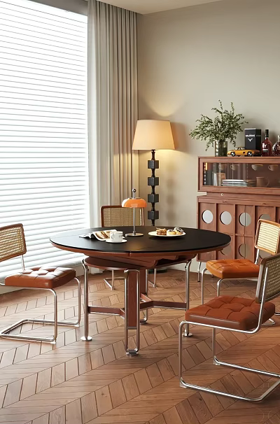 Warm Restaurant Interior With Round Table Leather Chairs Floor Lamp And Wooden Cabinet 3d model