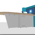 Modern Conference Table With Wooden Top Black Office Chairs Blue Partition And Laptop