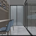 Chinese Style Leisure Area Interior Design With Landscape Mural Wooden Table Chairs Glass Partition