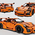 Realistic Orange Sports Car Model Built with Detailed Building Blocks Multiple Views Design