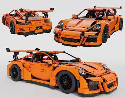 Realistic Orange Sports Car Model Built with Detailed Building Blocks Multiple Views Design 3d model