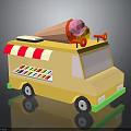 Yellow Ice Cream Truck With Red And White Striped Awning And Large Cone On Top