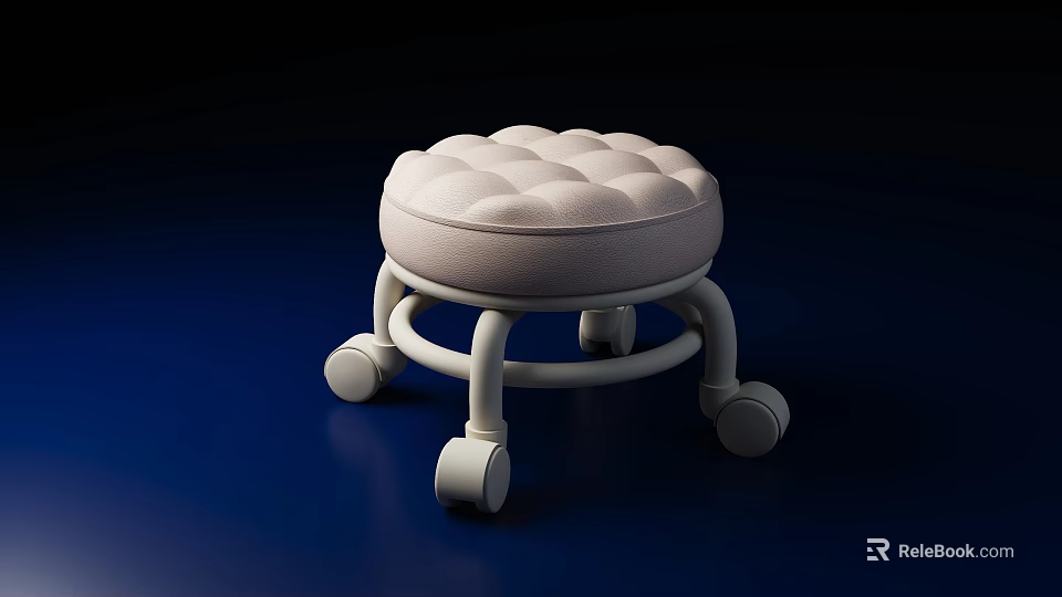 White Tufted Sofa Stool with Wheeled Frame and Soft Cushion Top 3d model 
