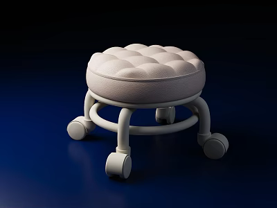 White Tufted Sofa Stool with Wheeled Frame and Soft Cushion Top 3d model