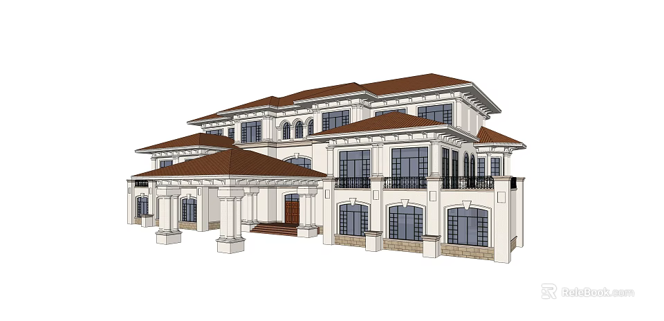 Elegant Two Story Detached Villa With Brown Roof White Exterior And Porch Columns 3d model 
