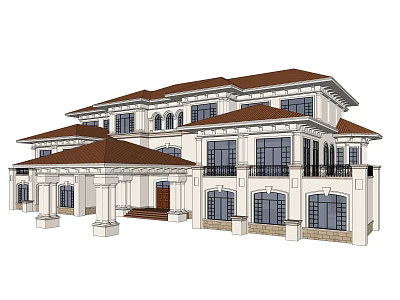 Elegant Two Story Detached Villa With Brown Roof White Exterior And Porch Columns 3d model