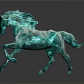 Geometric Turquoise Running Horse Sculpture with Polygonal Design on Dark Background
