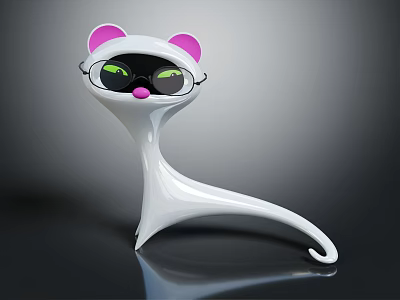 Cat Shaped Decorative Ornament Set With White Body Pink Ears Black Glasses And Green Eyes 3d model