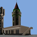 Traditional Tower Featuring Red Cone Roof Green Decorative Bands White Exterior Walls And Windows Design