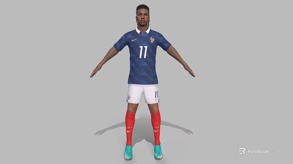 Man Standing in Blue Jersey with Number 11 White Shorts Red Socks and Green Shoes 3d model 