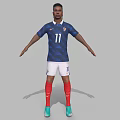 Man Standing in Blue Jersey with Number 11 White Shorts Red Socks and Green Shoes