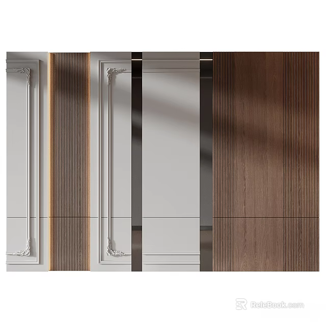 Elegant Modern Wall Decor With Wooden Panels White Surfaces And Decorative Moldings 3d model 