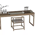 Traditional Wooden Desk with Vase Branches Small Statues Scroll Brush Holder and Gray Cushion Chair
