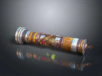 Cylindrical Metallic Weapon With Intricate Decorative Patterns Gold And Red Accents Ancient Style Reflective Surface 3d model