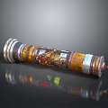 Cylindrical Metallic Weapon With Intricate Decorative Patterns Gold And Red Accents Ancient Style Reflective Surface
