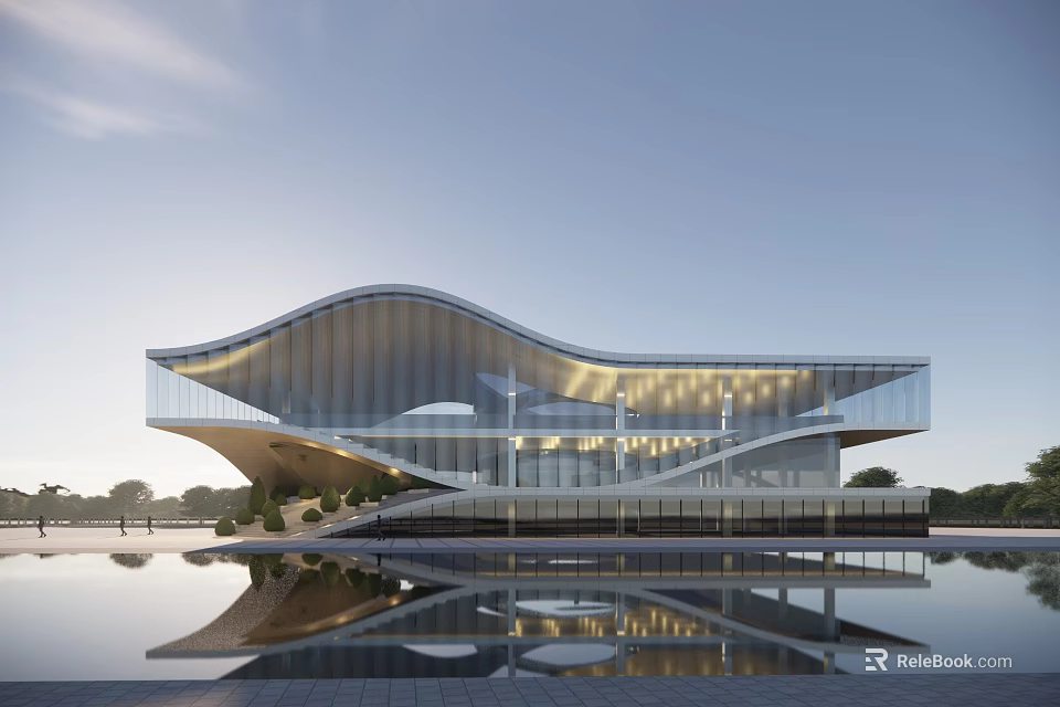 Modern Architectural Building With Curved Roof Glass Facade And Water Reflection In Surrounding Landscape 3d model 