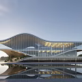 Modern Architectural Building With Curved Roof Glass Facade And Water Reflection In Surrounding Landscape