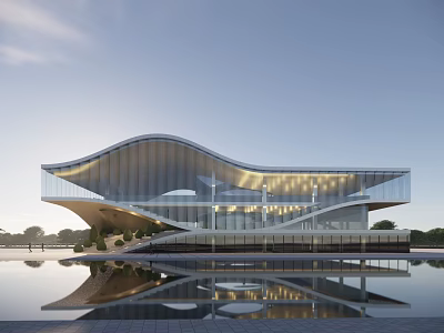 Modern Architectural Building With Curved Roof Glass Facade And Water Reflection In Surrounding Landscape 3d model