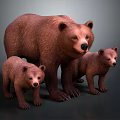 Three Brown Bears Adult And Two Cubs Standing Together On Gray Background