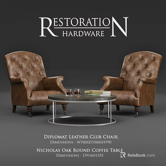 Tufted Leather Club Chair Pair with Coffee Table Glassware and Books 3d model 