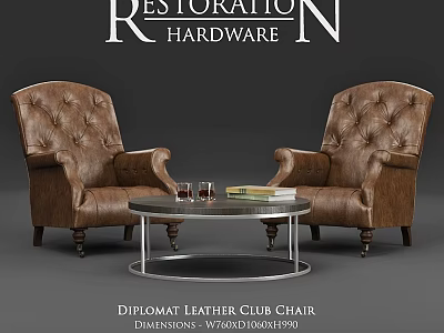 Tufted Leather Club Chair Pair with Coffee Table Glassware and Books 3d model