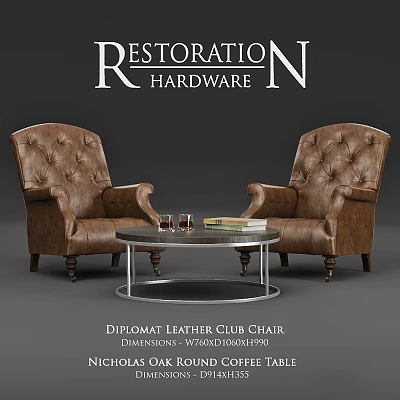 Tufted Leather Club Chair Pair with Coffee Table Glassware and Books 3d model