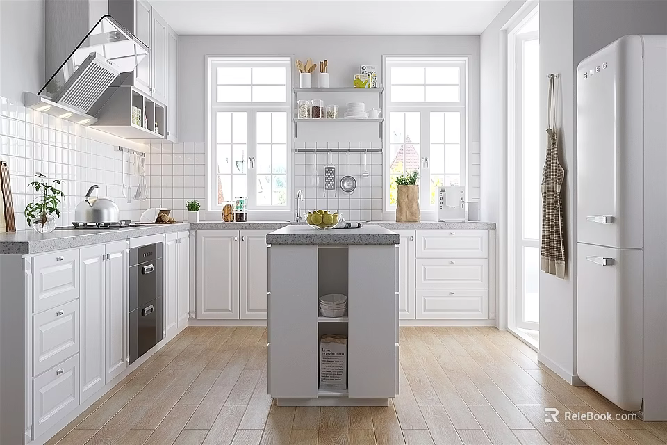 Modern White Kitchen Interior With Central Island Windows Appliances And Wooden Floor 3d model 