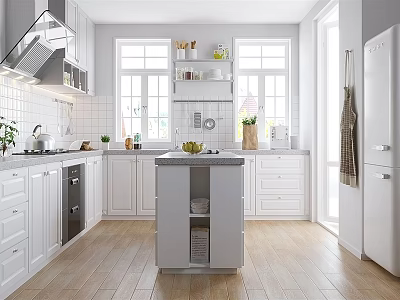 Modern White Kitchen Interior With Central Island Windows Appliances And Wooden Floor 3d model