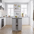 Modern White Kitchen Interior With Central Island Windows Appliances And Wooden Floor