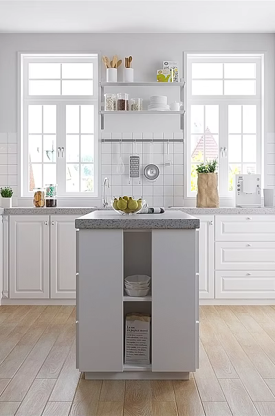 Modern White Kitchen Interior With Central Island Windows Appliances And Wooden Floor 3d model