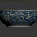 Decorative Ceramic Bowl With Blue Floral Patterns Gold Rim And White Interior