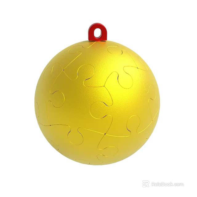 Golden Sphere Ornament With Puzzle Pattern And Red Hanging Hook 3d model 