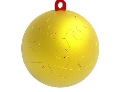 Golden Sphere Ornament With Puzzle Pattern And Red Hanging Hook 3d model
