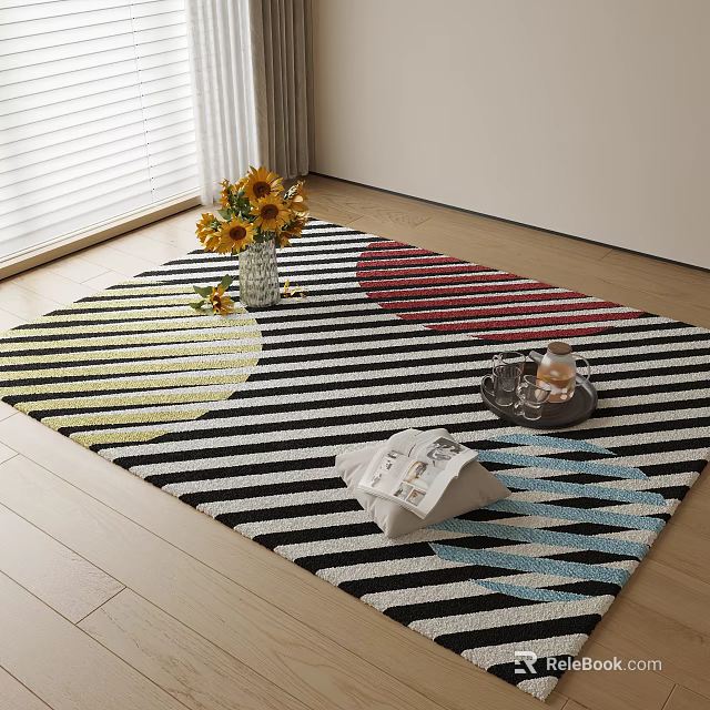 Square Carpet With Geometric Stripes And Circles On Wooden Floor With Sunflower Bouquet 3d model 