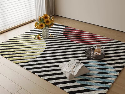 Square Carpet With Geometric Stripes And Circles On Wooden Floor With Sunflower Bouquet 3d model