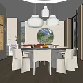 Modern Dining Box Interior With Round Table White Chairs Pendant Lights Circular Window And Mountain View 3d model