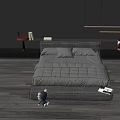 Modern Double Bed with Gray Bedding LED Strip Lights on Wooden Floor and Decorative Items