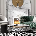 Elegant Modern Living Room Interior Design With Green Velvet Sofa Marble Fireplace And Chandelier