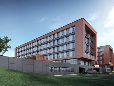Modern Office Building Exterior Design with Red Brick Walls Multi Storey Windows and Green Lawn 3d model