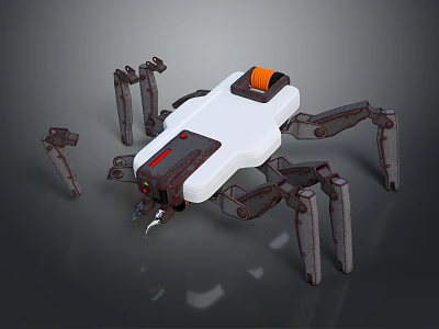 Mechanical Spider Robot With White Body Orange Top Component And Metal Legs Mechanical Claw Design 3d model