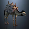 Detailed Standing Camel With Decorative Striped Saddle Blanket On Dark Background 3d model
