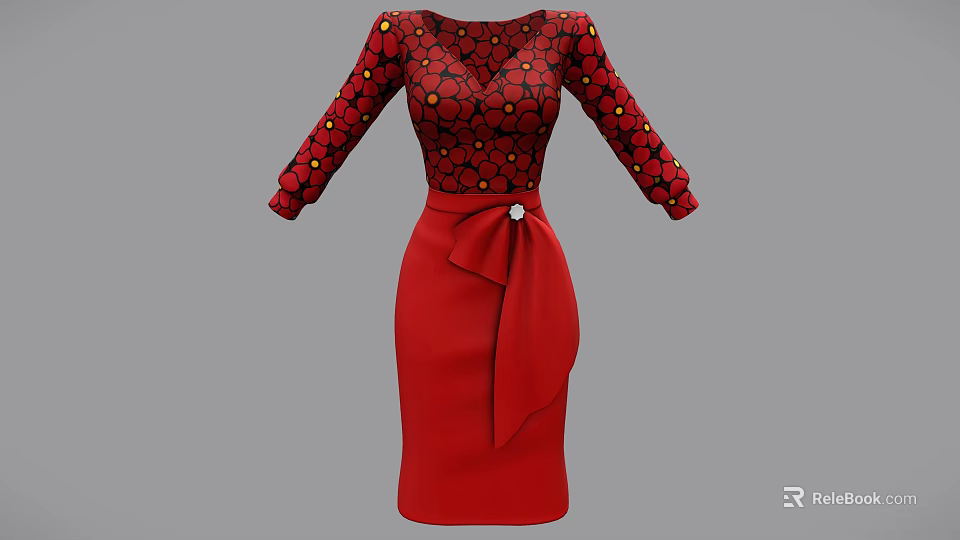 Elegant Red Dress With Black Polka Dot Top Long Sleeves And Waist Bow Brooch 3d model 