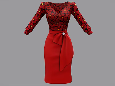 Elegant Red Dress With Black Polka Dot Top Long Sleeves And Waist Bow Brooch 3d model