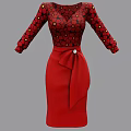 Elegant Red Dress With Black Polka Dot Top Long Sleeves And Waist Bow Brooch